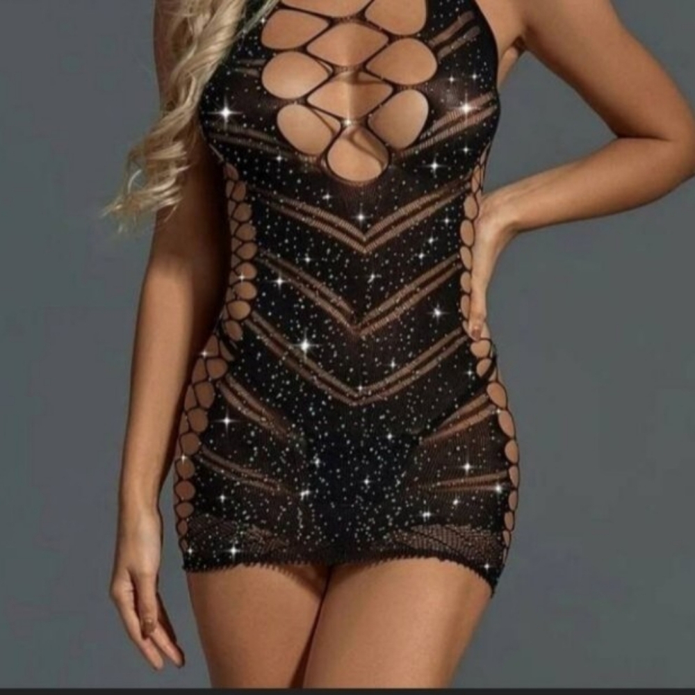 Black Rhinestone Studded Bodycon Dress • Sparkling Bodycon Bodysuit Lingerie - Picture 3 of 8